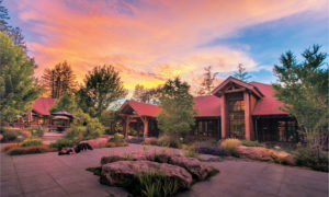 The plaza at the Ratna Ling Retreat Center facing the conference center yoga room